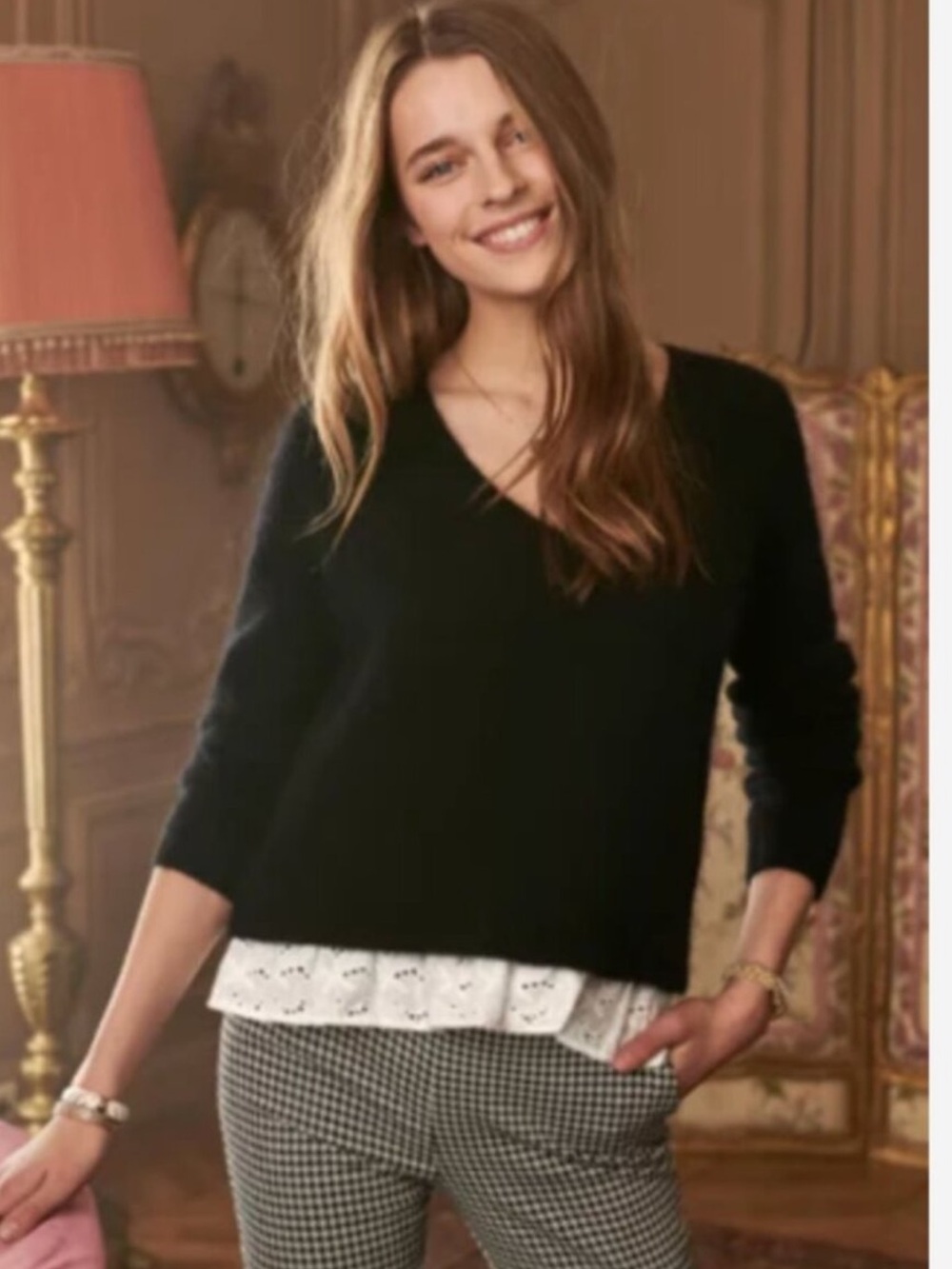 Sezane Black V-Neck Sweater with White Eyelet Hem